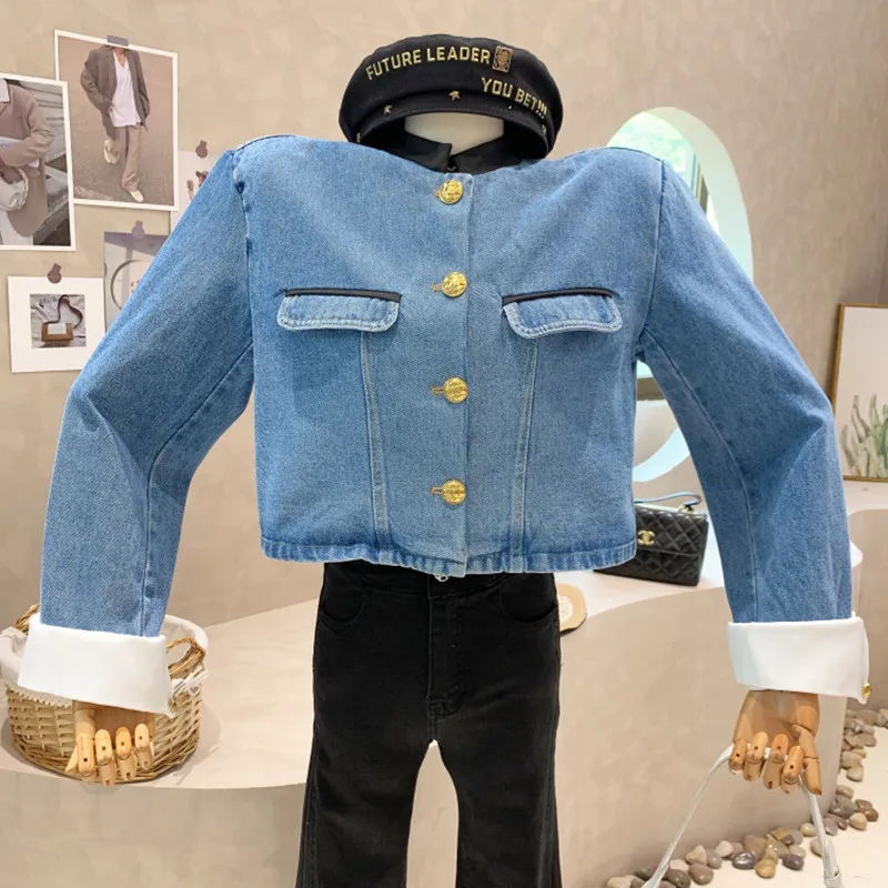 New Women's Clothing 2022 Spring Retro color contrast stand collar short long sleeve denim jacket Tops blouses
New Women's Clothing 2022 Spring Retro color contrast stand collar short long sleeve denim jacket Tops blouses