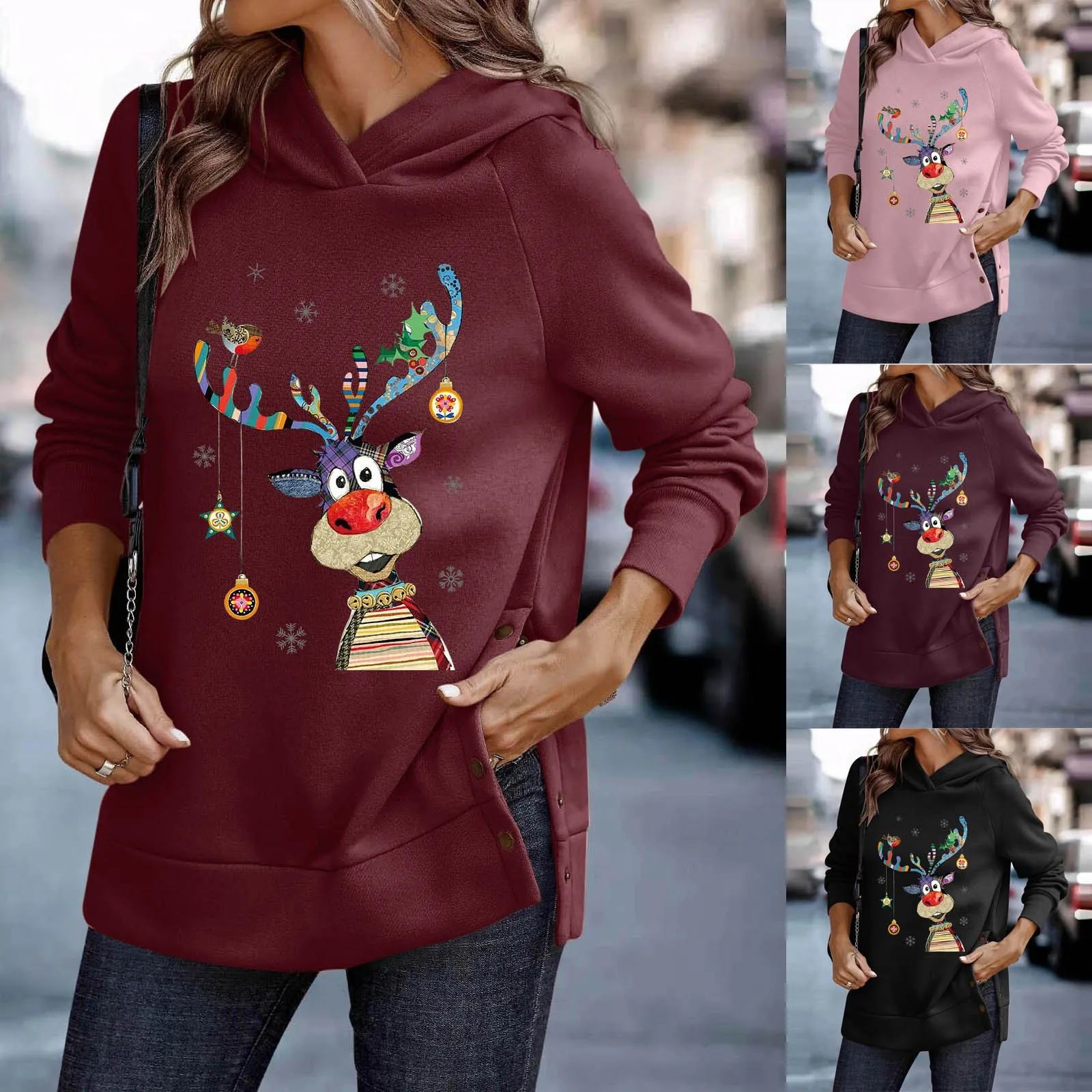 Women Christmas Print Hooded Sweatshirt Button Split Hem Long Sleeve Hoodie Top Womens Light Weight Sweat Shirts
Women Christmas Print Hooded Sweatshirt Button Split Hem Long Sleeve Hoodie Top Womens Light Weight Sweat Shirts