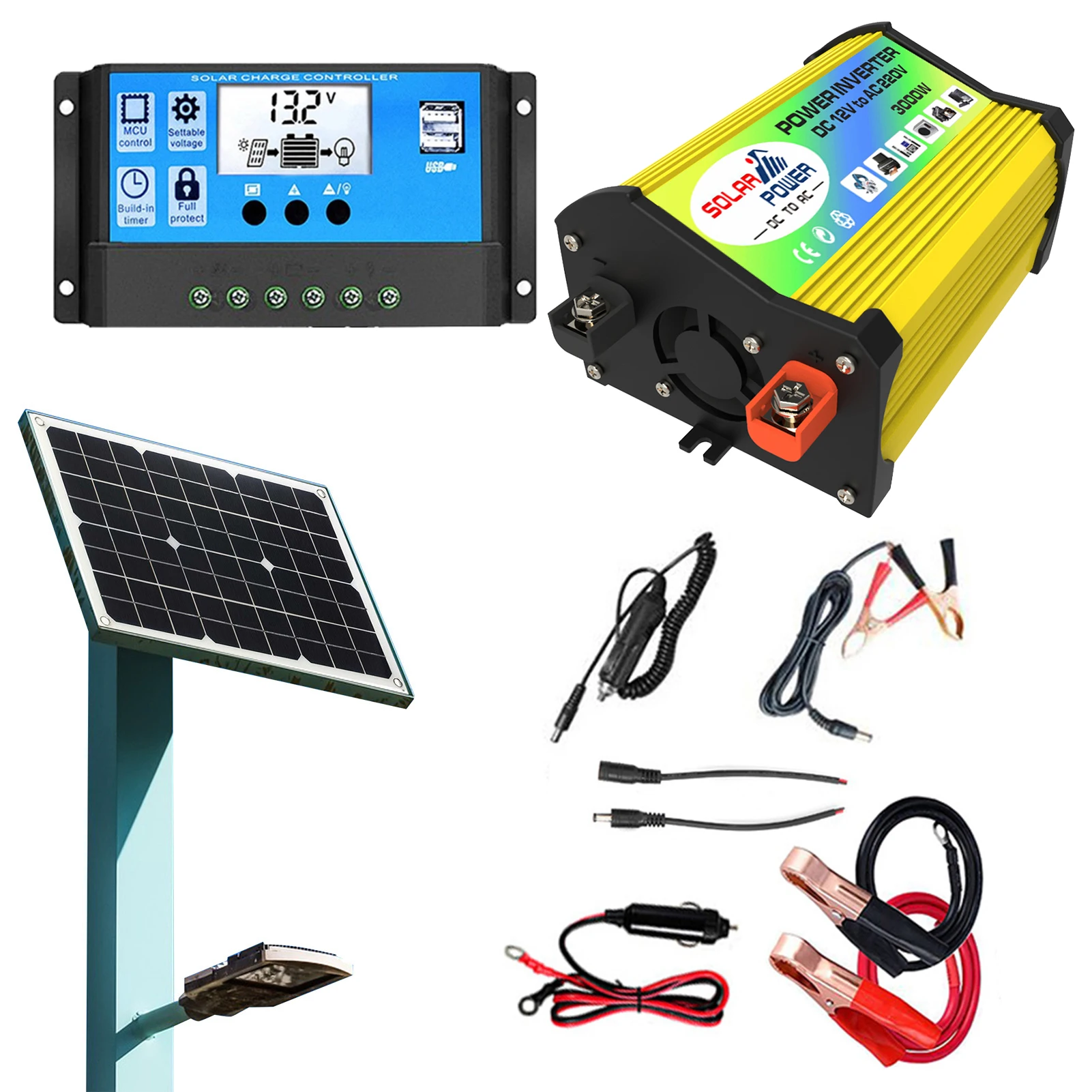 

Solar Panel Starter Kit Solar System For RV 30A Solar Charge Controller And Inverter 3000W Power Inverter Voltage Protection