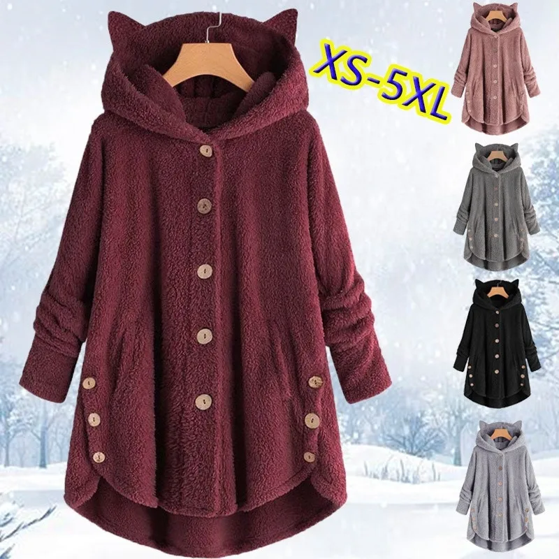 Women Fleece Coat Autumn Cute Solid Cats Ears Hooded Woman Teddy Coat Harajuku Buttons Fluffy Irregular Hem Female Plush Hoodies
Women Fleece Coat Autumn Cute Solid Cats Ears Hooded Woman Teddy Coat Harajuku Buttons Fluffy Irregular Hem Female Plush Hoodies
