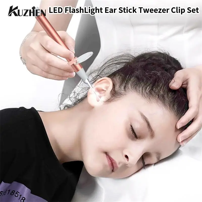 

1Set LED FlashLight Ear Stick Booger Tweezer Clip Baby Ear Cleaner Endoscope Penlight Spoon Cleaning Ear Curette Light Spoon