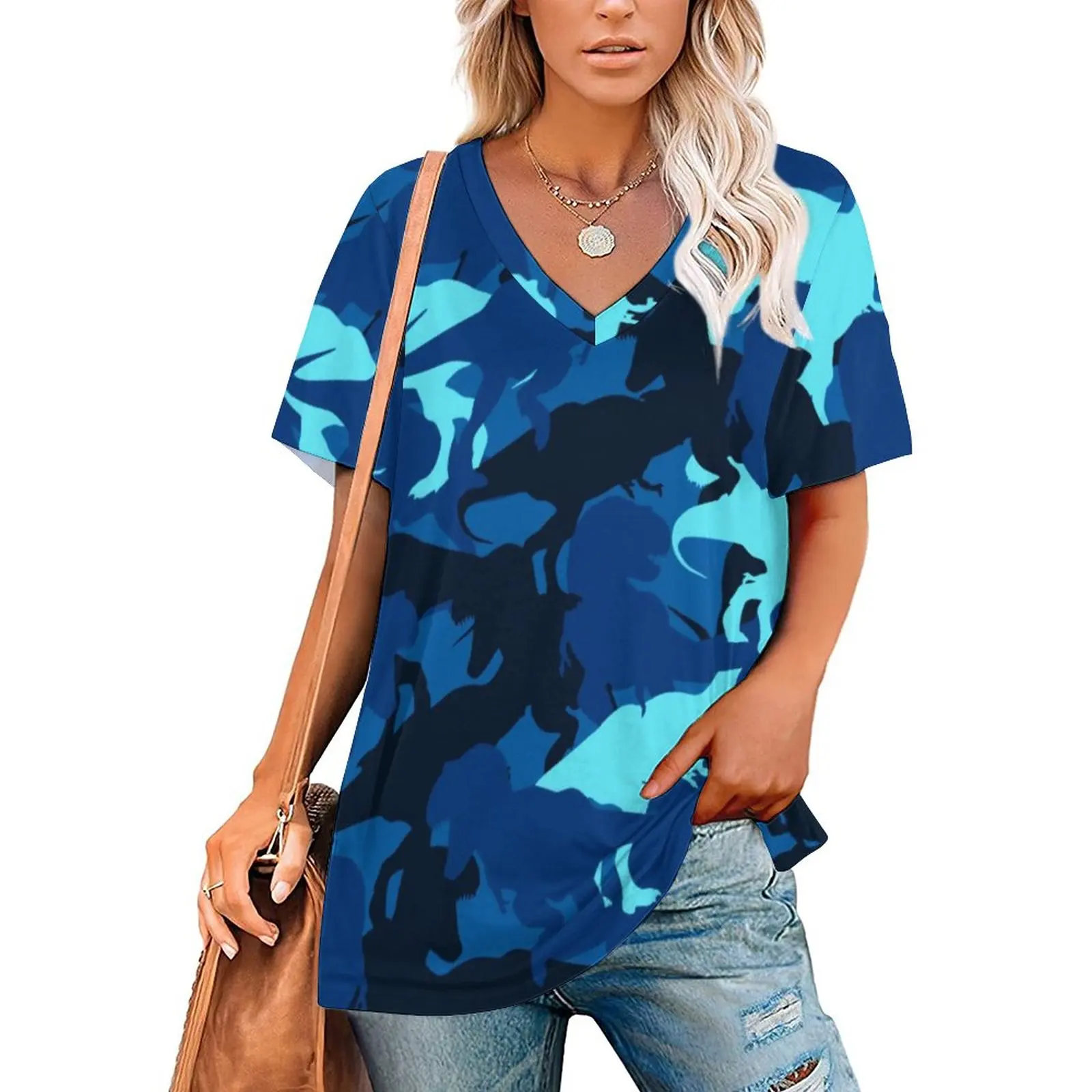 

Голубая камуфляжная футболка с динозавром, Винтажные Футболки с V-образным вырезом и абстрактными животными, Классическая футболка с коротким рукавом, пляжная одежда на заказ