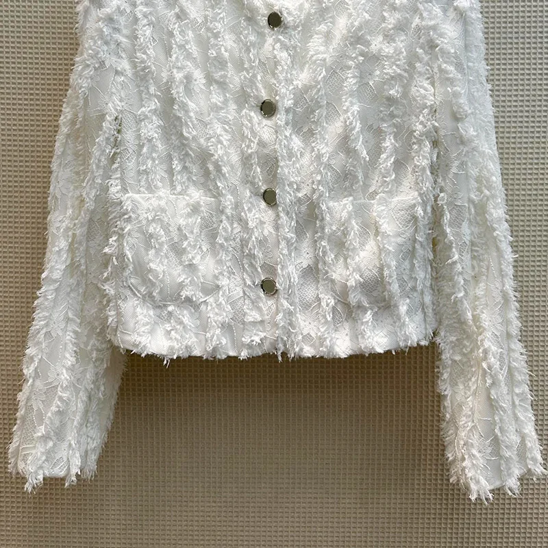 

Женская кружевная шерстяная куртка, Элегантное однобортное короткое пальто с круглым вырезом, Модная белая розовая элегантная верхняя одежда, топы, осень 2023