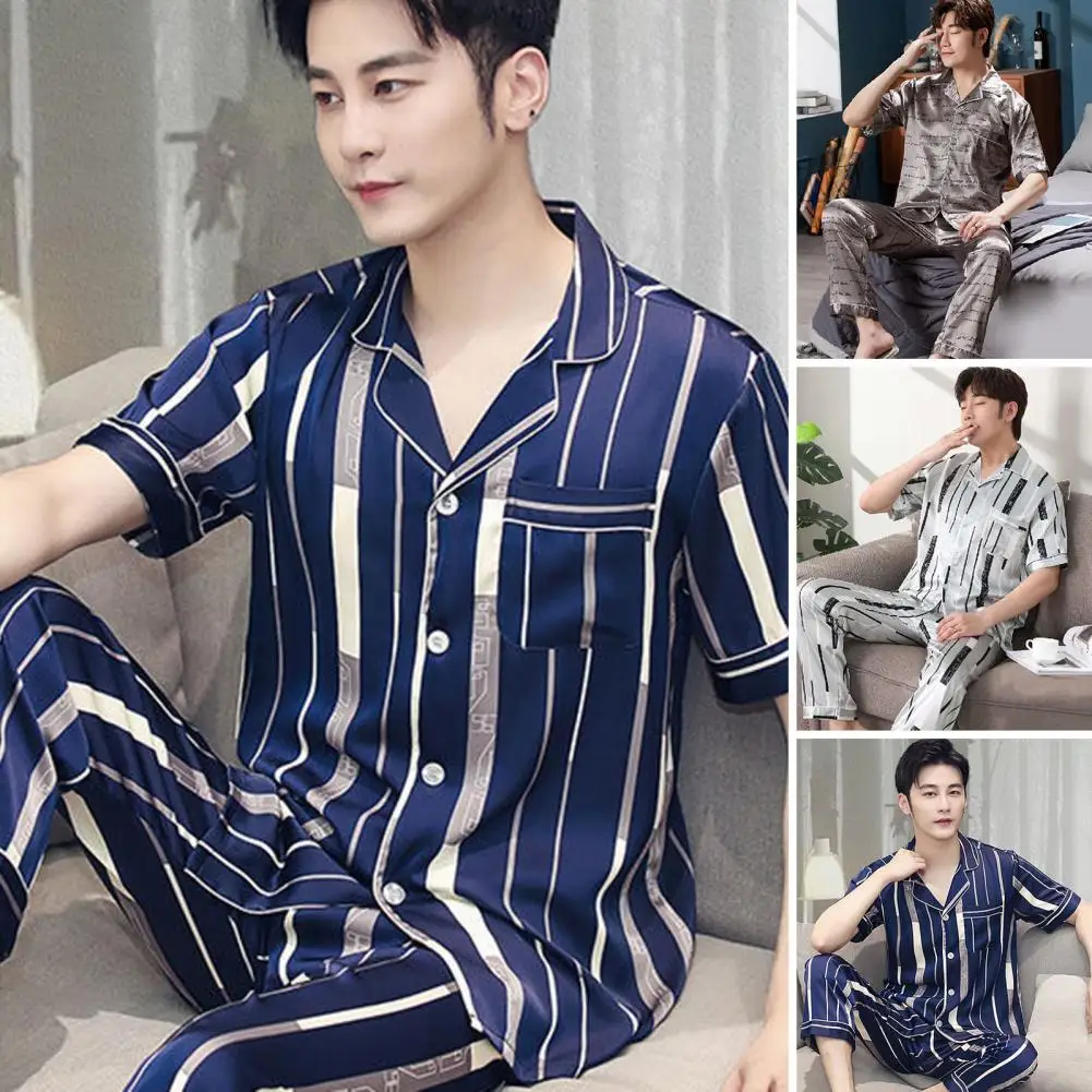 2 Pcs/Set Men Summer Pajamas Letter Print Loose Striped Collar Homewear Short Sleeves Pocket Men Summer Nighty Set Men Clothes
2 Pcs/Set Men Summer Pajamas Letter Print Loose Striped Collar Homewear Short Sleeves Pocket Men Summer Nighty Set Men Clothes