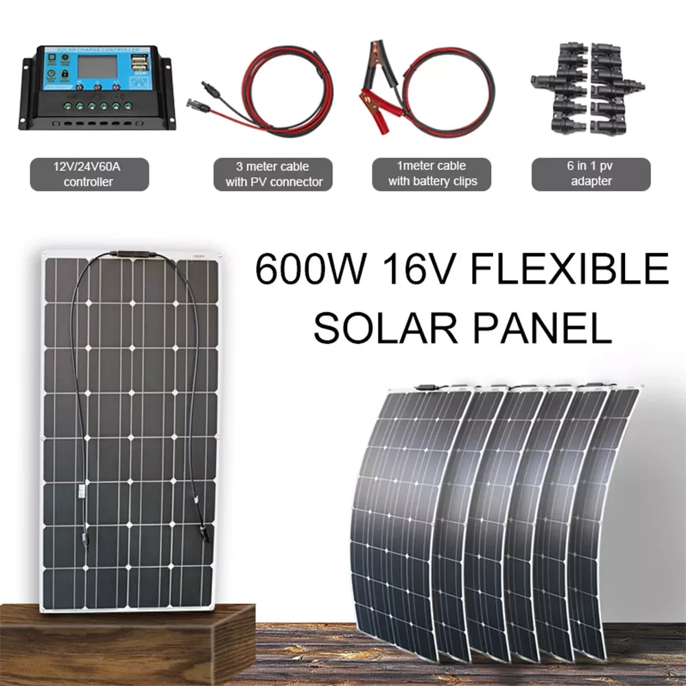 600w 100 watt 6pcs 12v/24v solar panel kit 100w flexible home solar power system for rv car boat with controller battery clips
600w 100 watt 6pcs 12v/24v solar panel kit 100w flexible home solar power system for rv car boat with controller battery clips