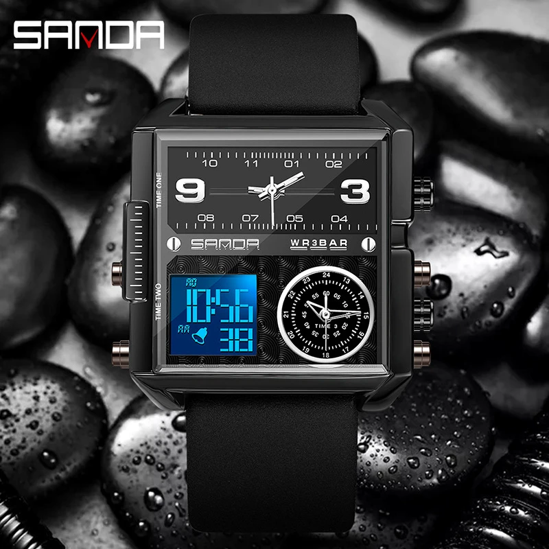 

SANDA 6023 Luxury Silicone Mens Watches Fashion Square Dial Design Outdoor Sports Simple Watch Luminous Waterproof Reloj Hombre