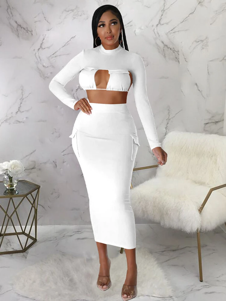 Sexy Hollow Out Long Sleeve Cropped Tops and High Waist Side Pockets Mid Calf Dress Sets Women Solid Two Piece Party Dress Set
Sexy Hollow Out Long Sleeve Cropped Tops and High Waist Side Pockets Mid Calf Dress Sets Women Solid Two Piece Party Dress Set