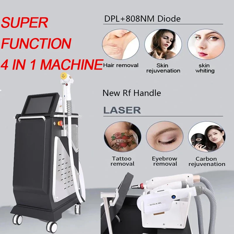 4 In 1 Hair Removal Machine 808nm Diode Laser DPL Picosecond Laser RF Tatoo Removal Beauty Machine
4 In 1 Hair Removal Machine 808nm Diode Laser DPL Picosecond Laser RF Tatoo Removal Beauty Machine