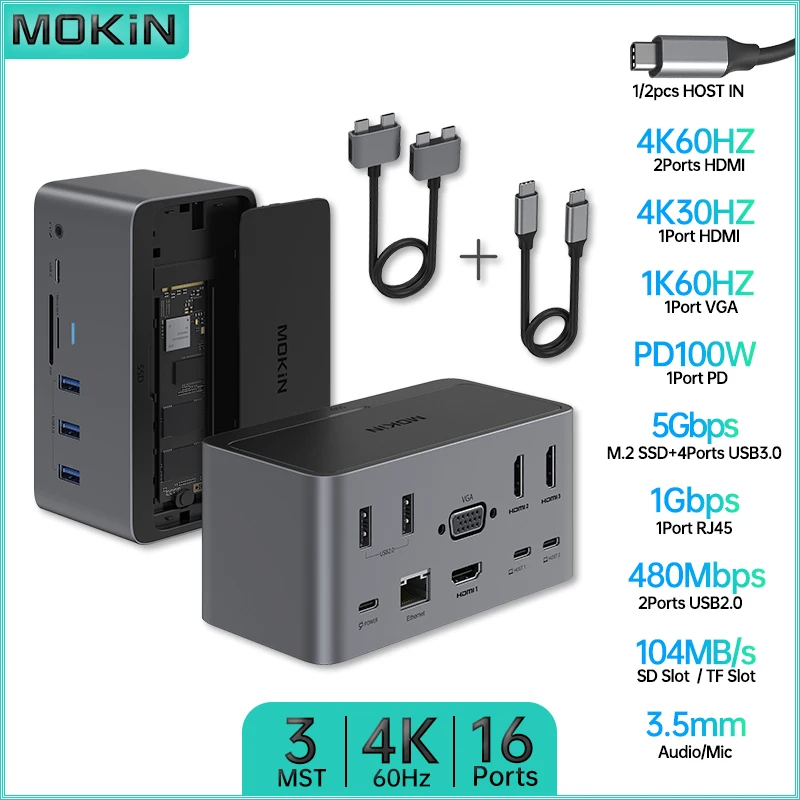MOKiN 16 in 1/2 Docking Station with Type-C 3.0, PD 100W, SD, HDMI 4K60Hz, RJ45 1Gbps - for MacBook Air/Pro, Thunderbolt Laptop
MOKiN 16 in 1/2 Docking Station with Type-C 3.0, PD 100W, SD, HDMI 4K60Hz, RJ45 1Gbps - for MacBook Air/Pro, Thunderbolt Laptop