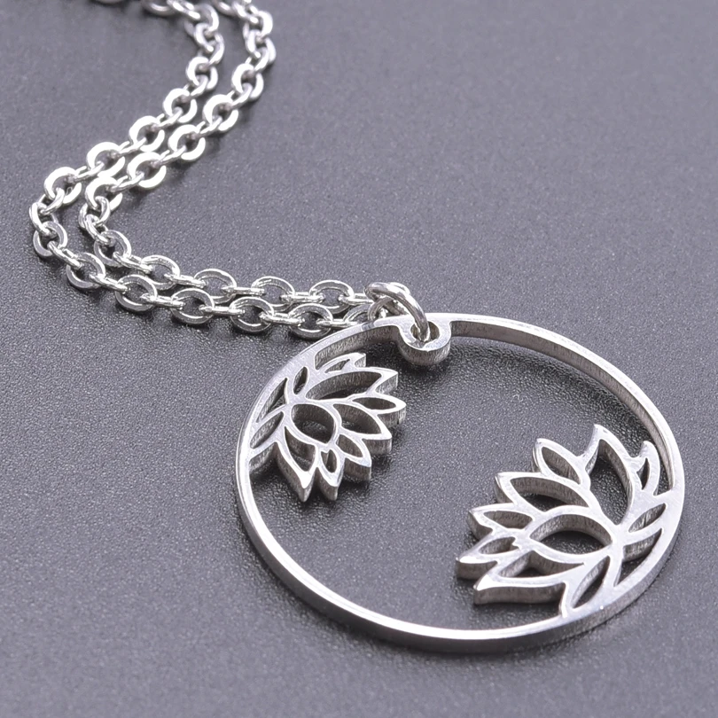 

Round Hollow Yogo Lotus Flower Pendant Necklace For Men Chains Stainless Steel Charms Women Choker Pray Amulet Jewelry,one piece