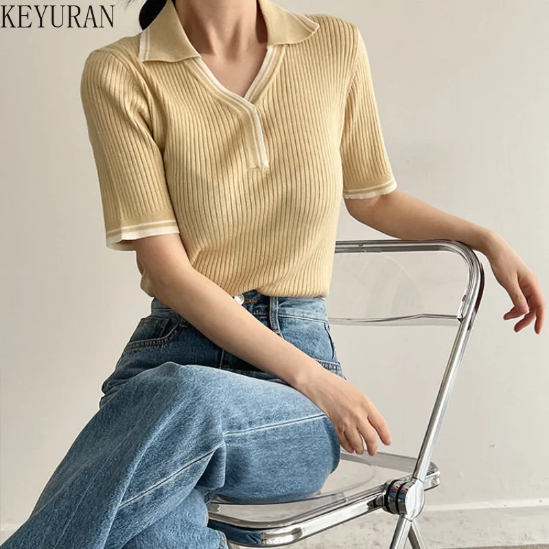 2023 Summer Korean Chic Short Sleeve Sweater T-shirts Women Simple Fashion Casual Color Matching V-neck Thin Ice Silk Knit Tops
2023 Summer Korean Chic Short Sleeve Sweater T-shirts Women Simple Fashion Casual Color Matching V-neck Thin Ice Silk Knit Tops