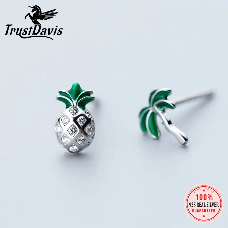 

Trusta 100% 925 Sterling Silver Jewelry Fashion Asymmetric Fruit Pineapple Coconut Trees Stud Earrings For Daughter Girls DS880