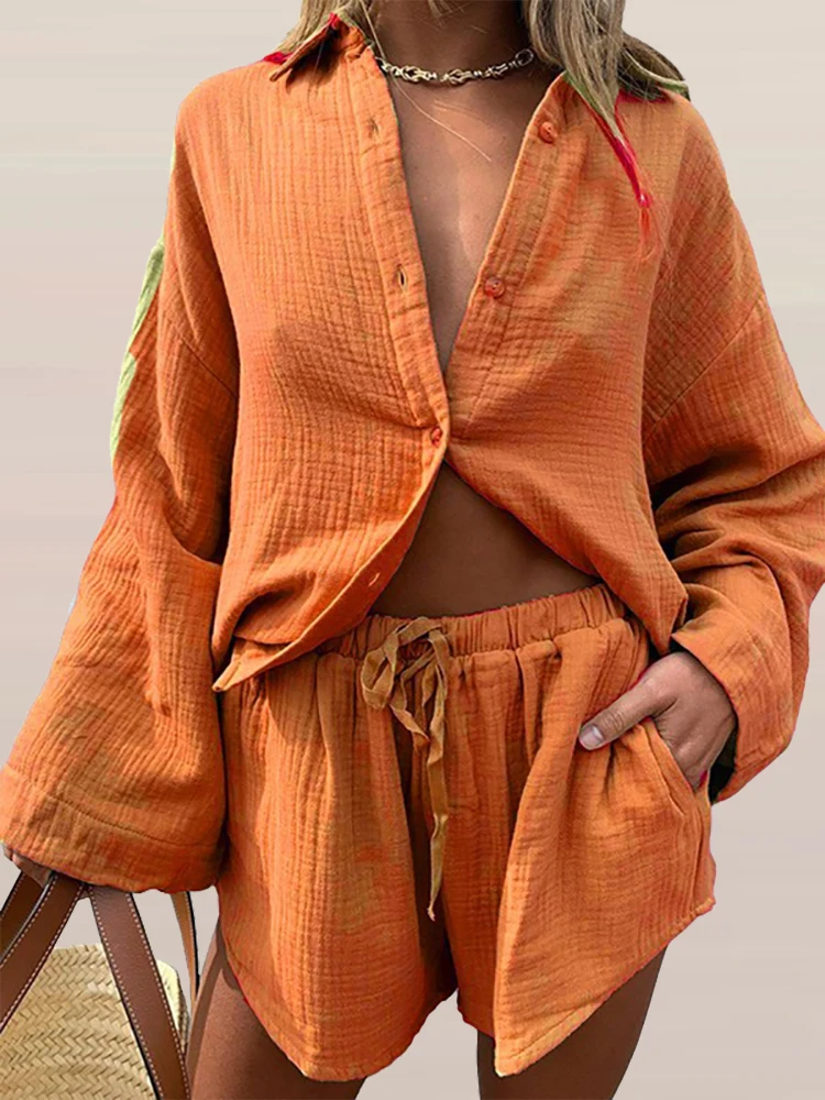 Women Lapel Single-breasted Buttoned Shirts Blouse+Solid Color High Waist Shorts Two Piece Sets Casual Streetwear Tracksuit Suit
Women Lapel Single-breasted Buttoned Shirts Blouse+Solid Color High Waist Shorts Two Piece Sets Casual Streetwear Tracksuit Suit