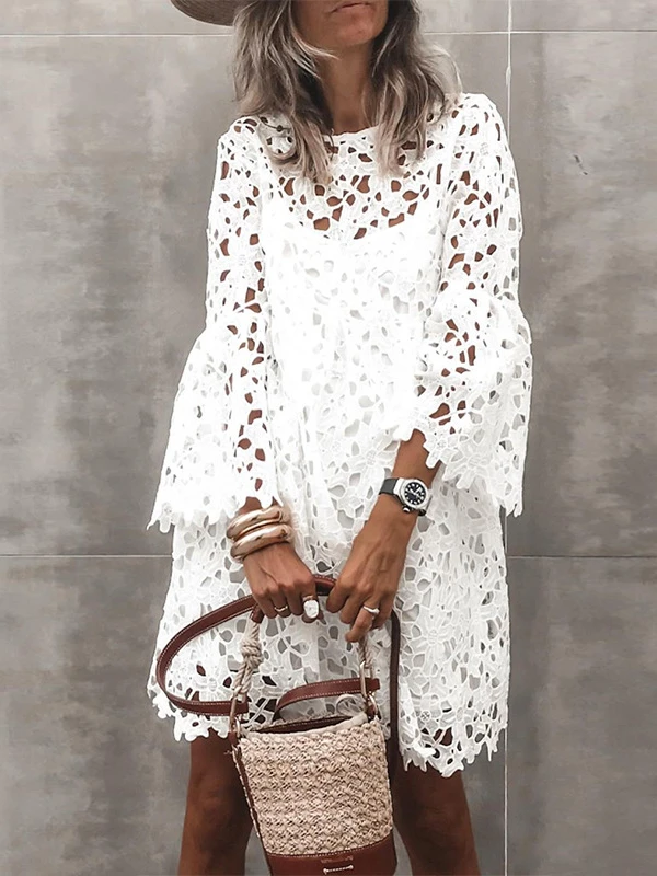 White Hollow Out 2 Pieces Set Ruffles Dress Women Lace Flared Sleeve Mini Dresses for Ladies Casual Sundress Loose 2022 Fashion
White Hollow Out 2 Pieces Set Ruffles Dress Women Lace Flared Sleeve Mini Dresses for Ladies Casual Sundress Loose 2022 Fashion