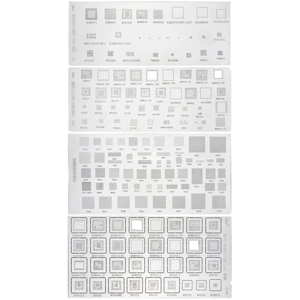 4 шт. Универсальный трафарет BGA для MTK MSM Huawei Xiaomi IPad CPU RAM PM Power IC Reball Pin BGA прямой нагрев шаблон
4 шт. Универсальный трафарет BGA для MTK MSM Huawei Xiaomi IPad CPU RAM PM Power IC Reball Pin BGA прямой нагрев шаблон