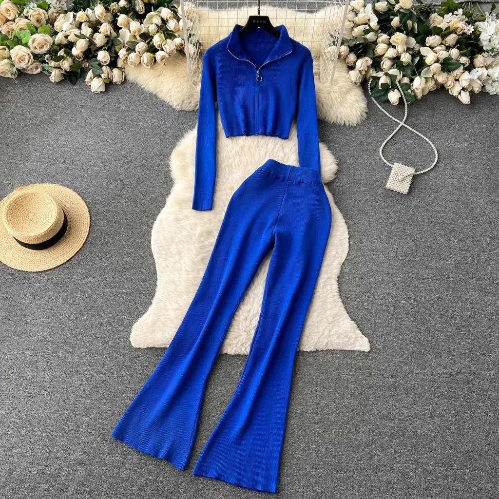 Autumn Solid Casual Elegant Knitted Pantsuit Women Fashion Zipped Crop Tops Flare Pants 2 Pieces Set Female Chic Outfits Clothes
Autumn Solid Casual Elegant Knitted Pantsuit Women Fashion Zipped Crop Tops Flare Pants 2 Pieces Set Female Chic Outfits Clothes