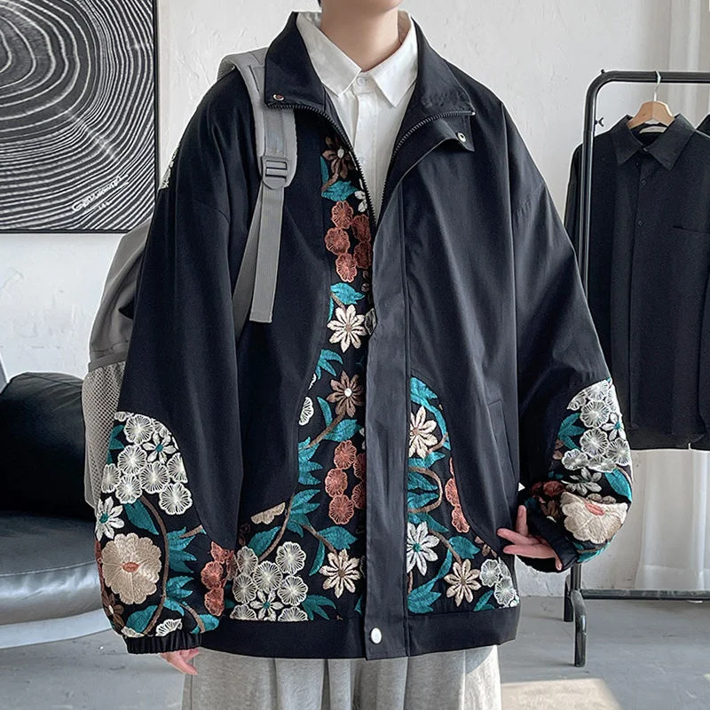 Flower Embroidered Jacket Men Fashion Black Beige Casual Jacket Mens Streetwear Loose Hip Hop Bomber Jacket Men Large Size M-5XL 
Flower Embroidered Jacket Men Fashion Black Beige Casual Jacket Mens Streetwear Loose Hip Hop Bomber Jacket Men Large Size M-5XL