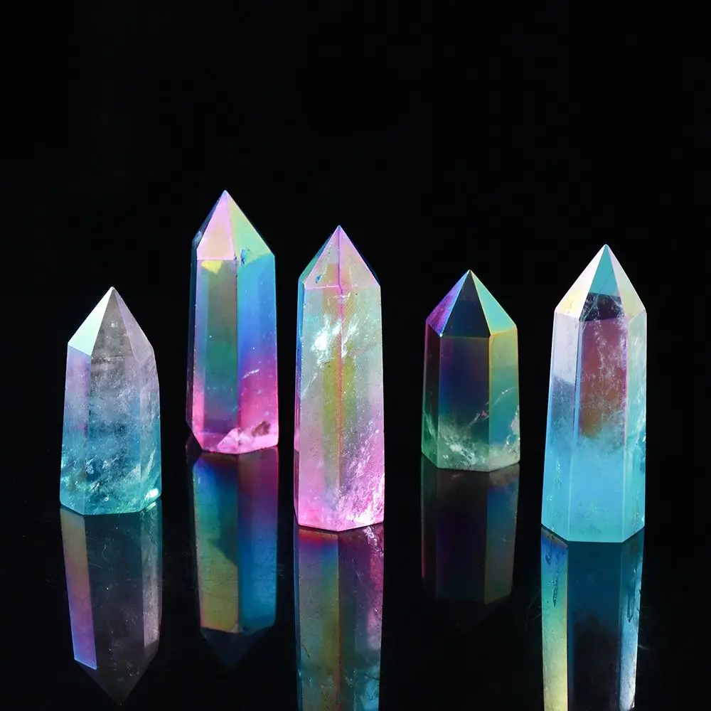 

Natural Clear Quartz Crystal Point Electroplating rainbow Healing Wand Two Color Crystal Column Reiki Hexagon Ornament Crafts