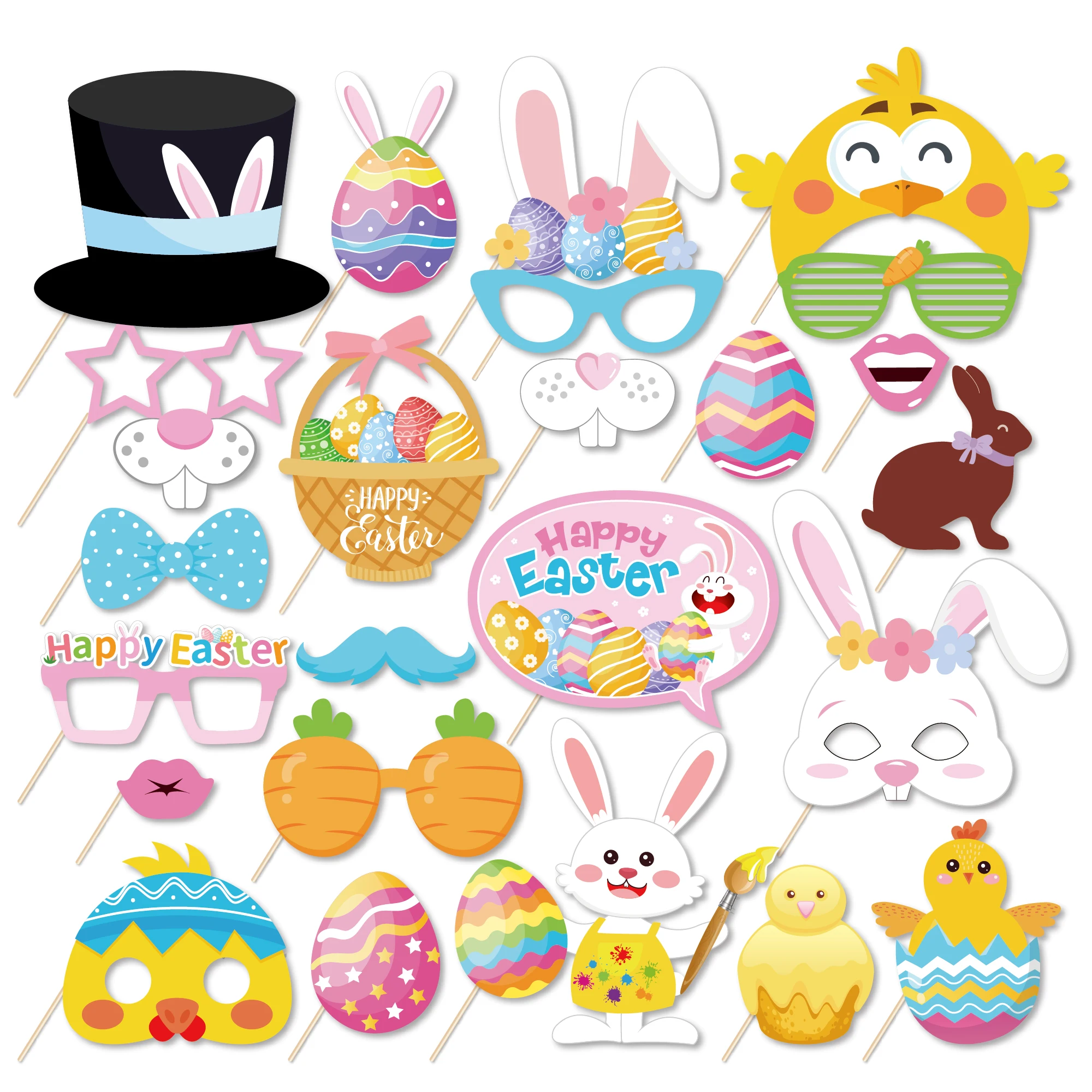 

25pcs/set Cartoon Rabbit Happy Easter Day Easter Bunny Birthday Party Paper Photobooth Props Spring Party Phototaking Decoration