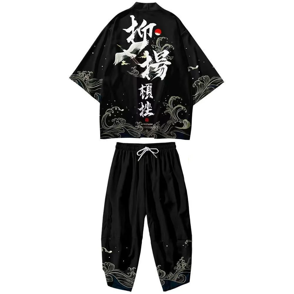 

Кимоно мужское с принтом, кардиган свободного покроя, брюки, в японском стиле, юката, уличная одежда в китайском стиле, большие размеры 5XL 6XL
