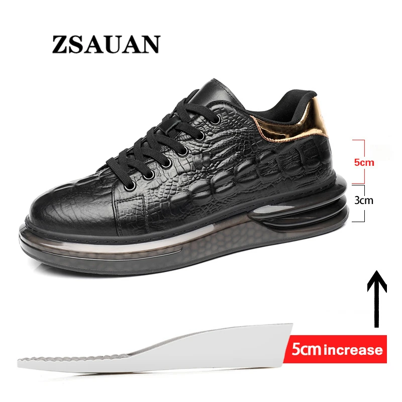 

ZSAUAN 3/ 6/ 8 cm Crocodile Pattern Leather Casual Shoes Men Elevator Sneakers Height Increase Mens Skate Footwear White Black