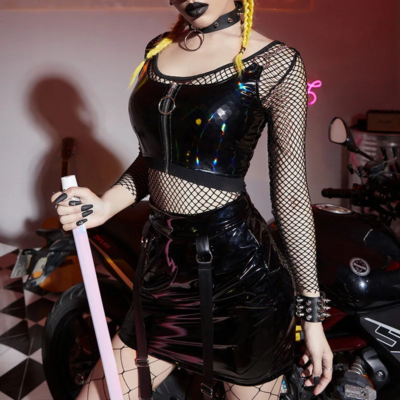 Gothic PU Mesh Sexy Black Turtleneck Top Women Punk Grunge Long Sleeve Tops Streetwear See Through Aesthetic T-shirt halter top
Gothic PU Mesh Sexy Black Turtleneck Top Women Punk Grunge Long Sleeve Tops Streetwear See Through Aesthetic T-shirt halter top