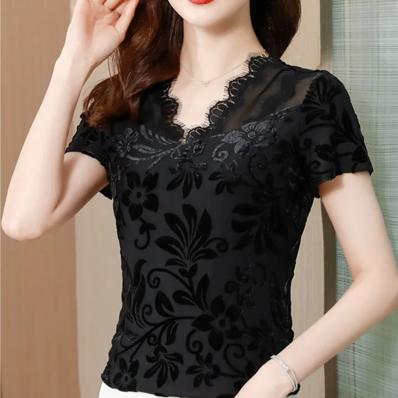 #1407 Summer Black Mesh T Shirt Women Spliced Lace V-neck Sexy Short Sleeve T Shirt Office Lady Skinny T Shirt Female Elegant 
#1407 Summer Black Mesh T Shirt Women Spliced Lace V-neck Sexy Short Sleeve T Shirt Office Lady Skinny T Shirt Female Elegant