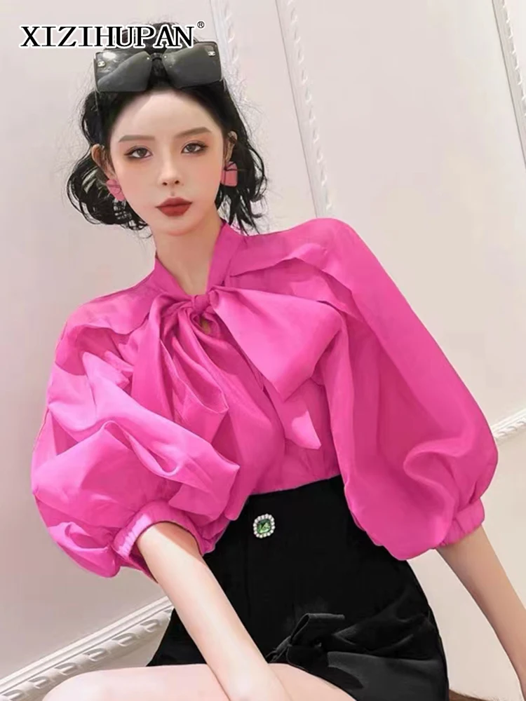 XIZIHUPAN Casual Loose Ruched Shirt For Women Bowknot Collar Lantern Sleeve Solid Minimalist Blouses Female Summer Clothing New
XIZIHUPAN Casual Loose Ruched Shirt For Women Bowknot Collar Lantern Sleeve Solid Minimalist Blouses Female Summer Clothing New
