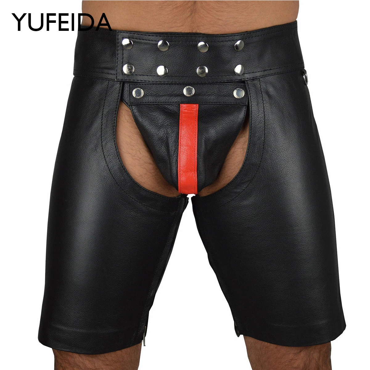 

YUFEIDA Mens Faux Leather Shorts U Convex Pouch Long Leg Boxers Panties Open Crotch Sexy Short Boxer Gay Erotic Open Butt Trunks