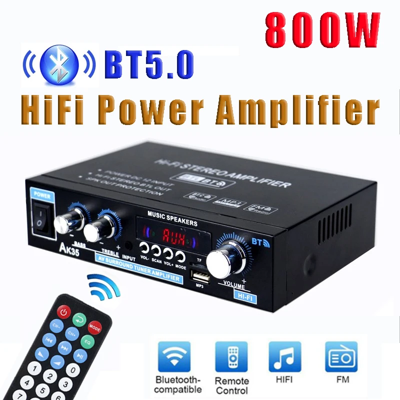 

AK35 800W Home Digital Amplifier 100-240V 12V Bass Audio Power Bluetooth AMP Hifi FM Subwoofer Speaker Support USB/TF Card input