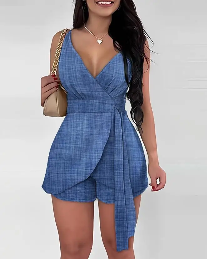 

2023 Summer Women's Jumpsuit Elegant Commuter Fashion Strap Sleeveless Denim Look Print Sleeveless Tied Detail Romper