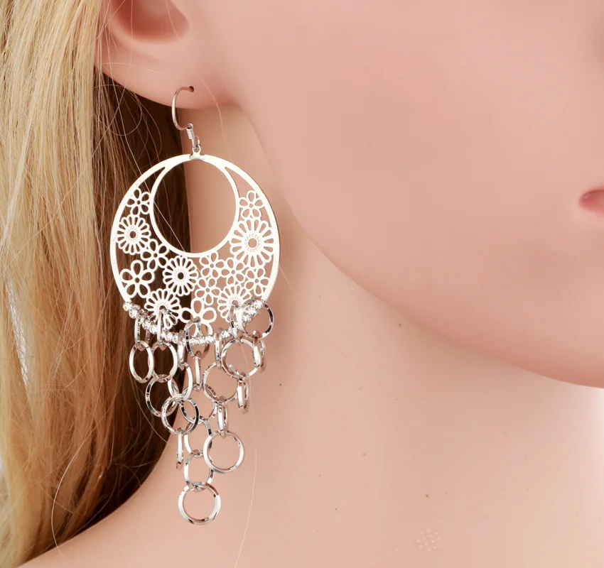 Black or White Big Filligree Disc Charms Multi Circles Linked Drop Chandelier Dangle Long Earrings For Women Girls Jewelry Aros | Украшения