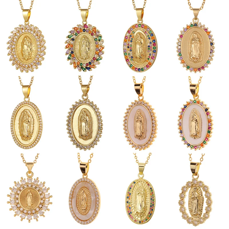 

Coin Necklace 18K Gold Plated Cubic Zirconia CZ Virgin Mary Oval Coin Pendant Necklace Round Dainty Necklace for Women