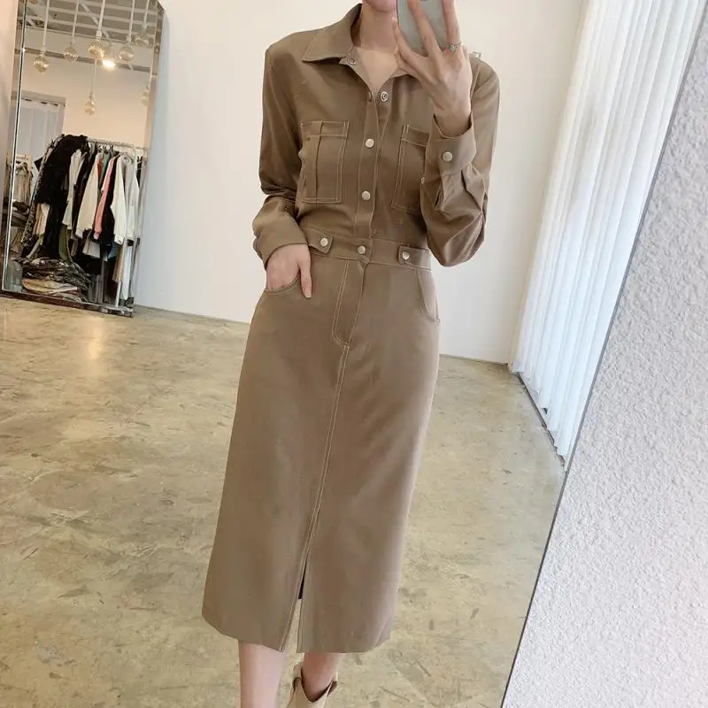 Vintage Lapel Midi Women's Dress Temperament Single Breasted Long Sleeve Dress Ladies Fashion High Waist Slit Dresses Woman 2022
Vintage Lapel Midi Women's Dress Temperament Single Breasted Long Sleeve Dress Ladies Fashion High Waist Slit Dresses Woman 2022