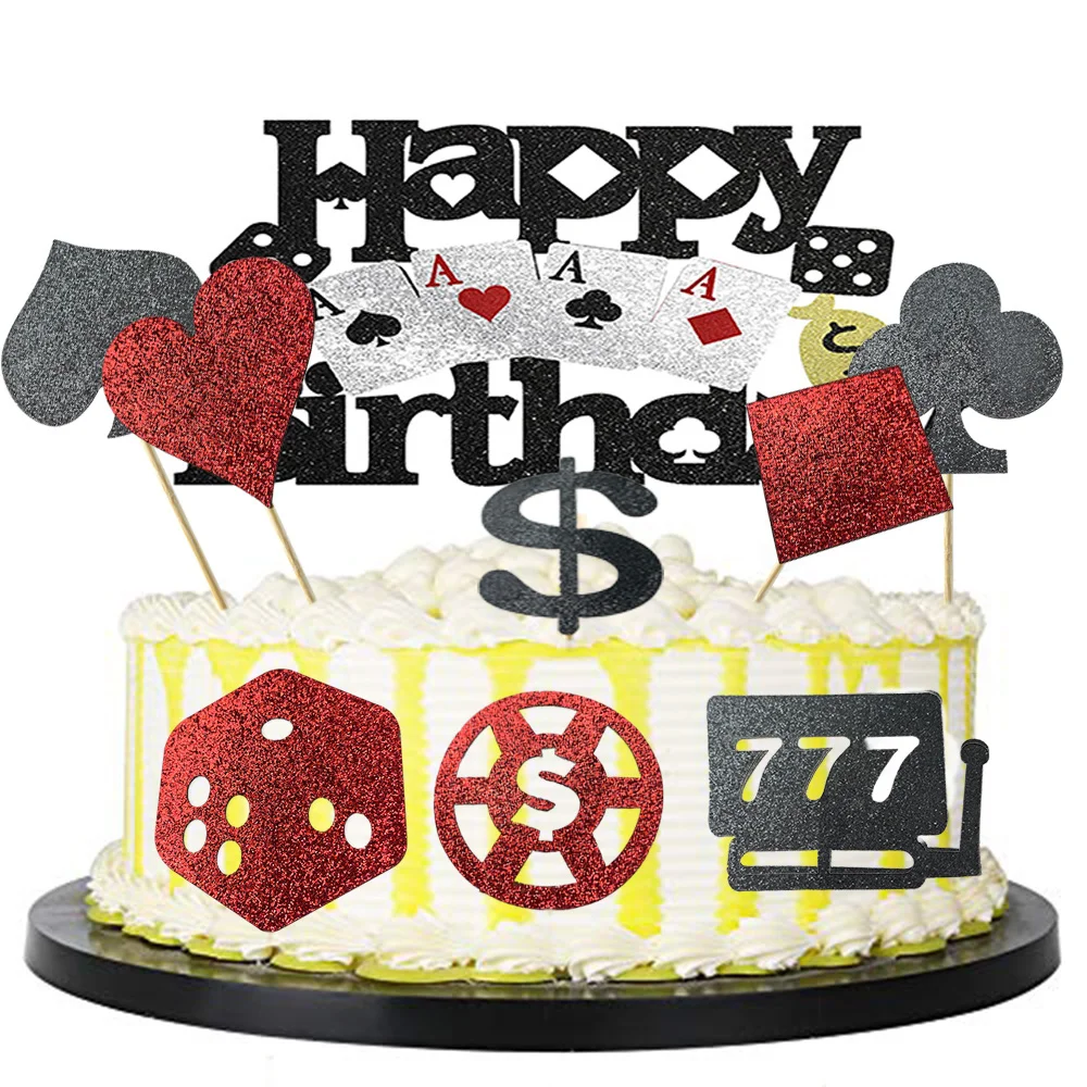 

9pcs Casino Birthday Cake Decorations Toy Machine Poker Cake Topper Set Playing Card Game Theme Las Vegas Scene Supplies