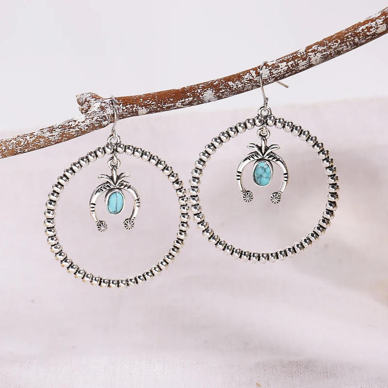 

Boho Blue Stone Dangle Earrings Retro Silver Color Hollow Carved Round Drop Personality Exaggerated Earrings