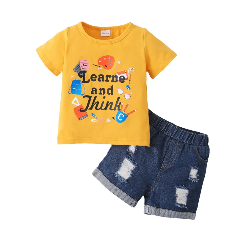 Kids Girls Two-Piece Outfits, Short Sleeve Cartoon Pattern Letter Printed Tops + Ripped Denim Short Pants
Kids Girls Two-Piece Outfits, Short Sleeve Cartoon Pattern Letter Printed Tops + Ripped Denim Short Pants