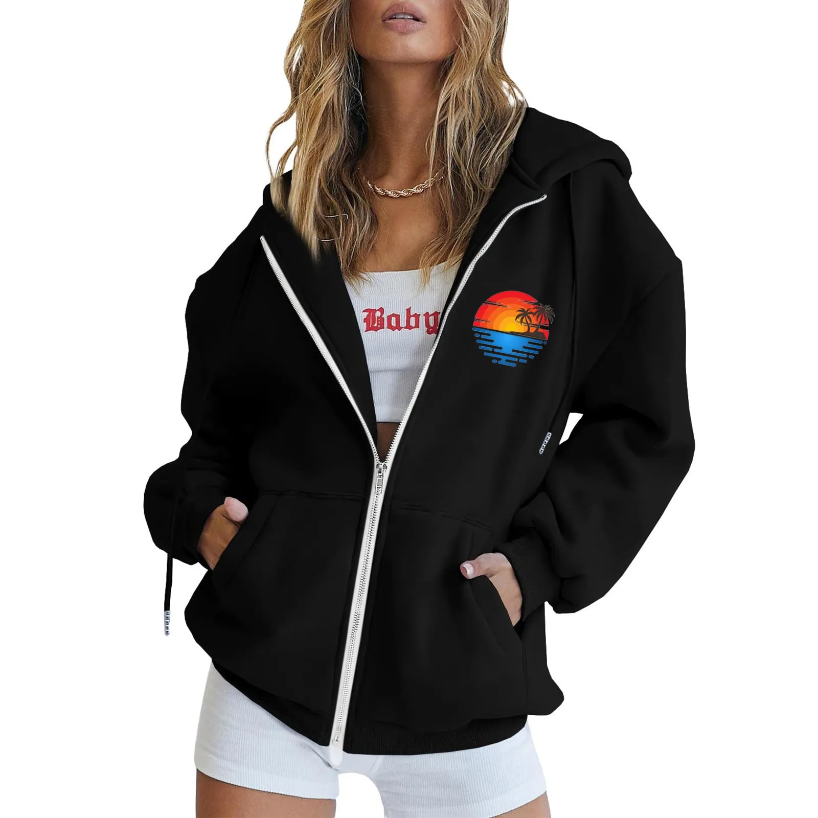 Hoodie Female Women Fashion Long Sleeve Printed Pocket Drawstring Hooded Zip Jacket Sweatshirt Coat Zippe Hooded Jackets
Hoodie Female Women Fashion Long Sleeve Printed Pocket Drawstring Hooded Zip Jacket Sweatshirt Coat Zippe Hooded Jackets