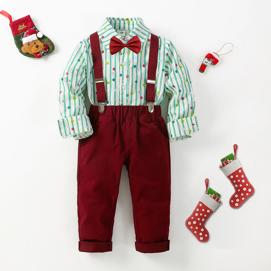 2022 New Boys Christmas Gentlemen's Clothing Long Sleeved Dot Stripe Shirt Strap Trousers Set Children Banquet host costume
2022 New Boys Christmas Gentlemen's Clothing Long Sleeved Dot Stripe Shirt Strap Trousers Set Children Banquet host costume