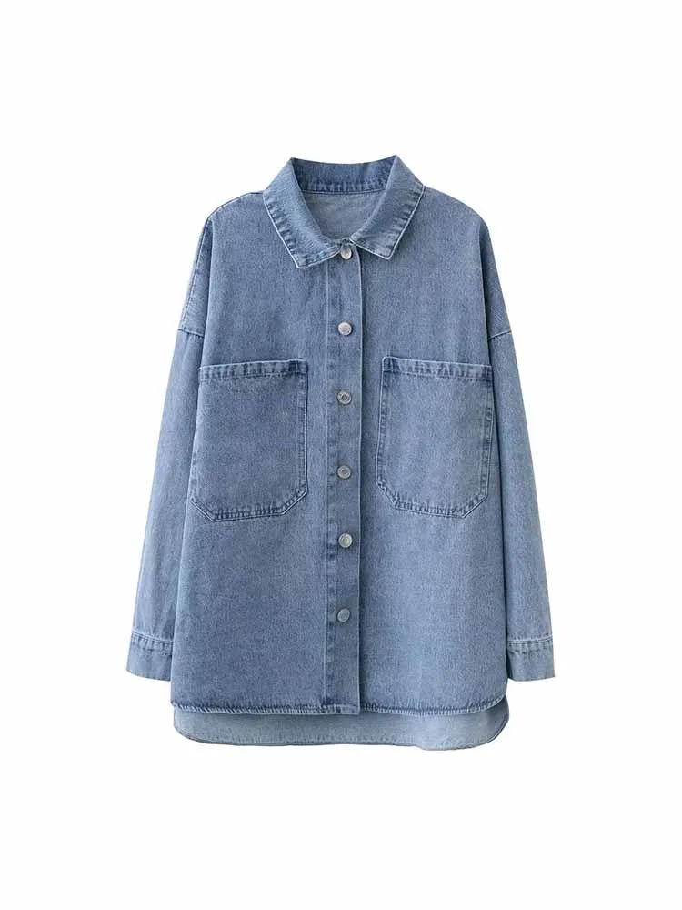 

BSK&ZA&TRF Women New Fashion Edge wrapping design Asymmetric Button-up Denim Blouses Coat Long Sleeve Female Shirts Chic Tops