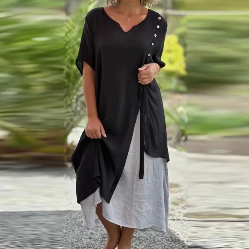 Fashion V-neck Short-sleeve Fake Two-piece Irregular Dress Spring Summer Casual V Neck Loose Dress Women Vintage Long Beach Dres
Fashion V-neck Short-sleeve Fake Two-piece Irregular Dress Spring Summer Casual V Neck Loose Dress Women Vintage Long Beach Dres