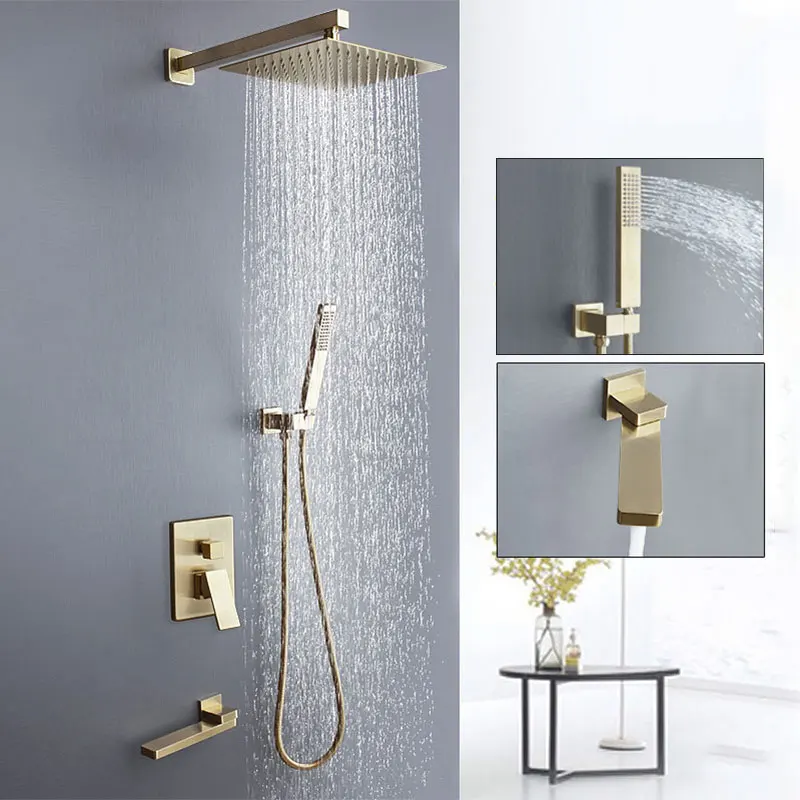 

Скрытый матовый золотистый душевой набор Скрытая трехсторонняя система смесителя для ванной комнаты настенный смеситель-дождевик для ванны