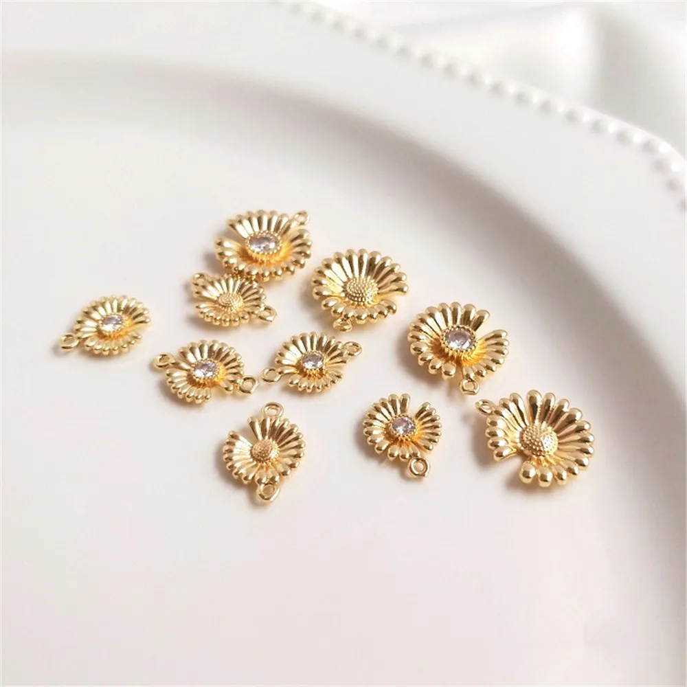 

14K Gold Filled Plated Inlaid zircon Daisy Pendant DIY bracelet clavicle necklace double hole floret pendant accessory