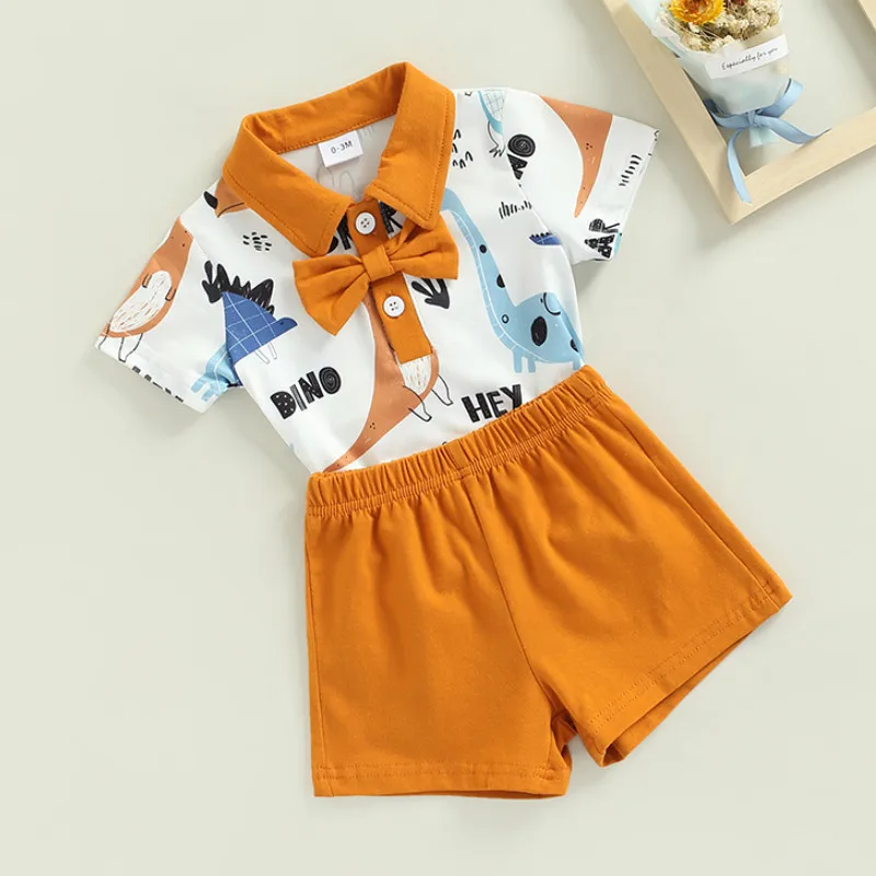 Newborn Boy Short Pants Outfits, Short Sleeve Cartoon Dinosaur Printed Bow-Knot Decor Tops + Solid Color Shorts Set
Newborn Boy Short Pants Outfits, Short Sleeve Cartoon Dinosaur Printed Bow-Knot Decor Tops + Solid Color Shorts Set