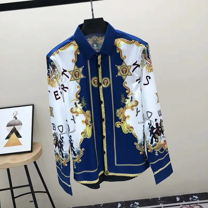 2022 spring and autumn new net red trend casual ruffian handsome print slim men's shirt 
2022 spring and autumn new net red trend casual ruffian handsome print slim men's shirt