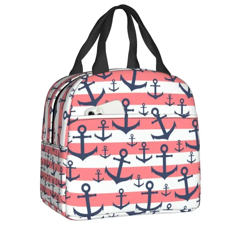 

Nautical Coral Stripe Navy Blue Anchor Pattern Insulated Lunch Bag Sailing Sailor Cooler Thermal Bento Box Beach Camping Travel