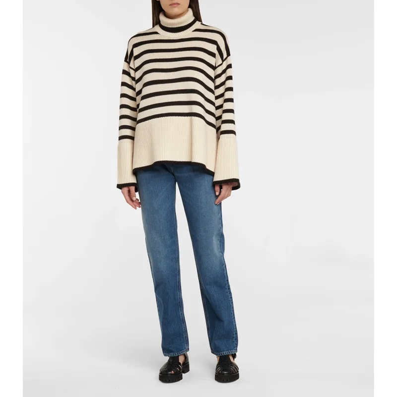 

Wool Blend Women Turtleneck Stripes Sweaters Hem Slit Ladies Long Sleeve Loose Retro Knitwear Female Jumper Autumn Winter 2021
