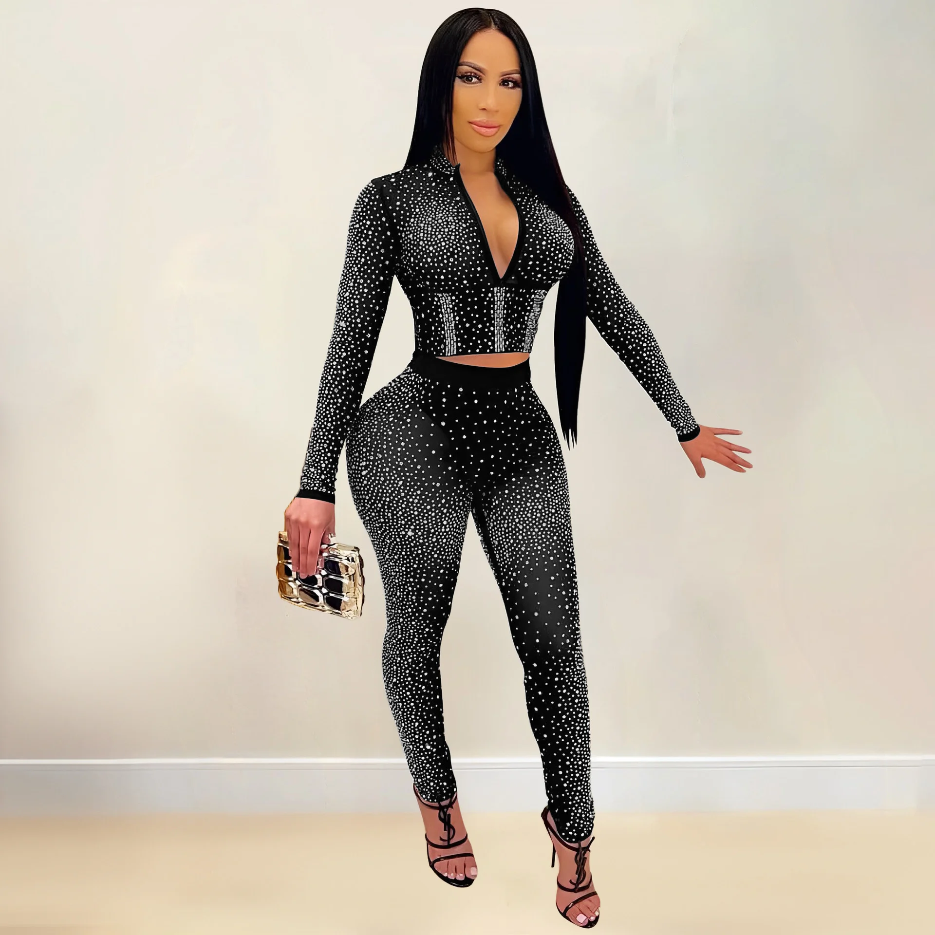 Women's Jumpsuit New Sexy Nightclub Women's Scalding Mesh Long Sleeve Tight Fitting Fashion Pants Set Long Female Jumpsuit
Women's Jumpsuit New Sexy Nightclub Women's Scalding Mesh Long Sleeve Tight Fitting Fashion Pants Set Long Female Jumpsuit