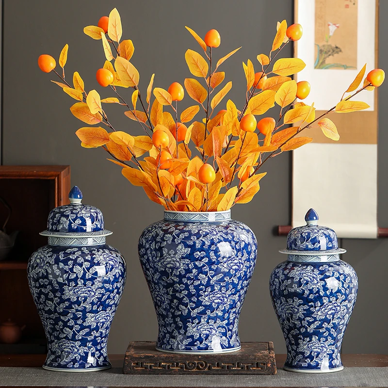 

Creative Blue and White Porcelain General Jar Ceramic Tangled Lotus Storage Jar Flower Arrangement Vase Crafts Home Decoration