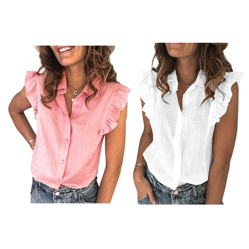 Hot kf-2 Pcs Summer Ruffled Shirt Female Button Female Shirt Elegant Sleeveless Fashion Shirt XL Size White & Pink
Hot kf-2 Pcs Summer Ruffled Shirt Female Button Female Shirt Elegant Sleeveless Fashion Shirt XL Size White & Pink